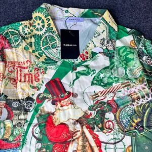 New Hawalili Christmas Time Santa Short Sleeve Button Up Shirt Mens L‎
